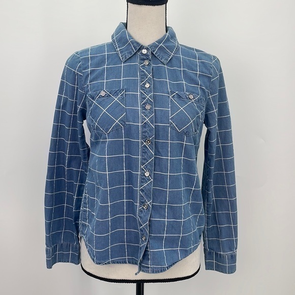UEC Guess white & blue checkered chambray shirt size XS - Picture 1 of 8